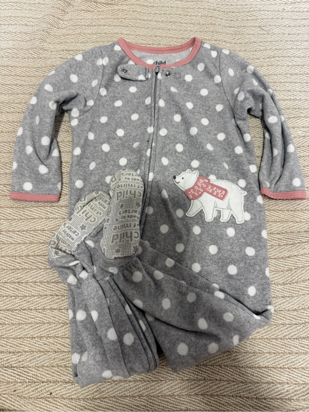 child of mine Gray and Pink Polka Dot Fleece Footed Pajama with Polar Bear